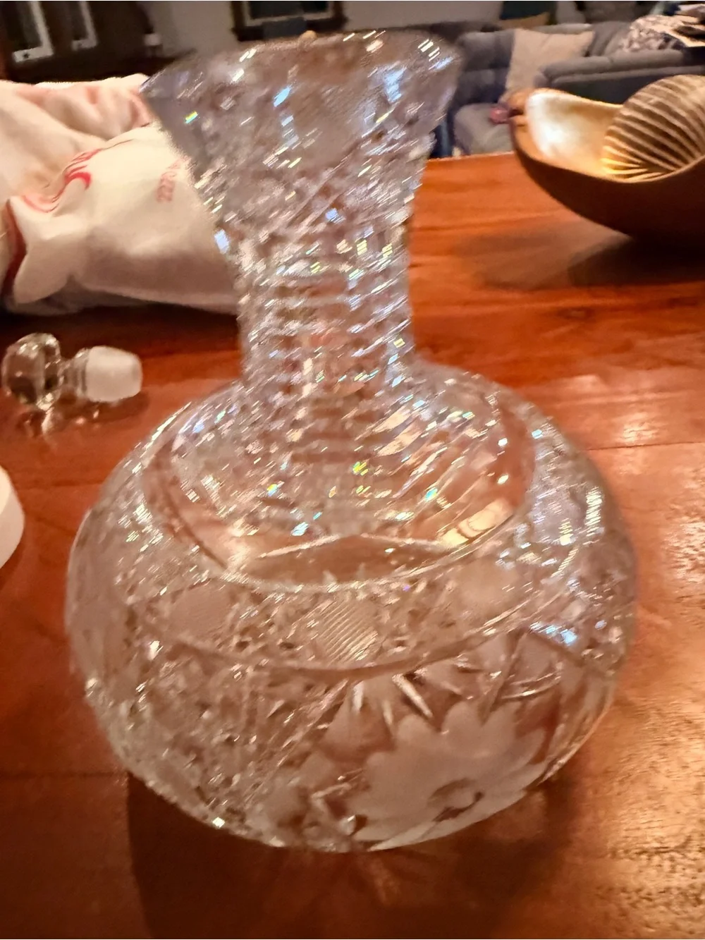 Vintage Cut Crystal Decanter w Faceted Stopper Floral Hobstar Starburst